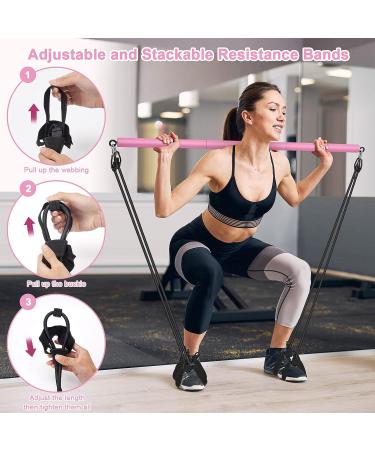 Pilates Bar Kit with Adjustable Resistance Bands | Portable 3-Section Pilates Stick Bar for Full Body Workout | Ideal for Home, Gym, Office, Travel | Pink - Buy Online on GoSupps.com
