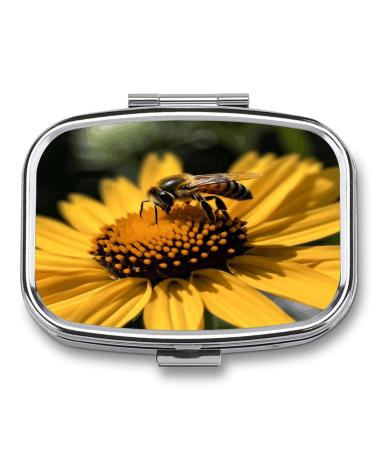 Pill Box Yellow Flower with Black Bee Print 2 Compartment Medicine Pill Case Pill Organizer Decorative Metal Portable Pill Box for Pocket Or Purse