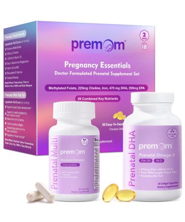 Premom Prenatal Vitamins for Women & Prenatal DHA Fish Oil - Conception for Her Multivitamin: 27 Nutrients + Triglyceride Omega 3 with 470mg DHA - Fertility Support for Women