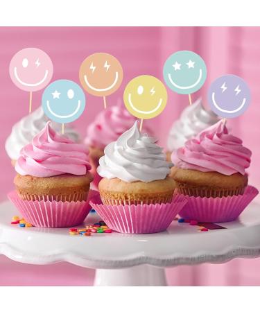 Whaline 36Pcs Preppy Smile Face Cupcake Toppers 6 Designs Paper Cake Decor Cute Cupcake Picks for Y2K Bachelorette Birthday Party Supplies Photo Booth Props - Buy Online on GoSupps.com