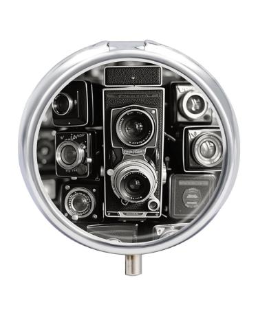 Round Pill Box Vintage Camera Print 3 Compartment Medicine Pill Case Print Pill Organizer Decorative Metal Portable Pill Box Pocket Pill Box
