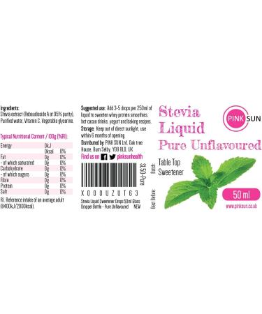 PINK SUN Stevia Liquid Pure Sweetener Drops 50ml Unflavoured Neutral (or Vanilla Strawberry Coconut Caramel Flavour) Natural Sugar Alternative Replacement Low Carb Alcohol Free Zero Calories Pure Unflavoured - Buy Online on GoSupps.com