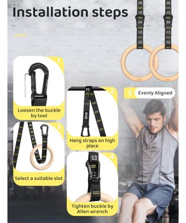 GHB Wooden Gymnastic Rings 1.25'' with Adjustable Numbered Straps for Bodyweight Fitness Training - 32mm Rings Set - Buy Online on GoSupps.com
