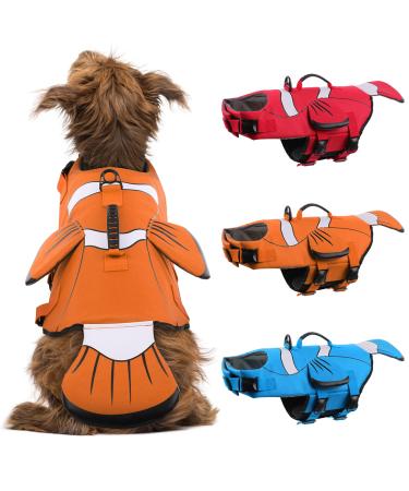 DENTRUN Dog Life Jacket Safety Vests for Swimming, Adjustable Puppy Pool Lake Floats Coat High Visibility Superior Floatation & Rescue Handle, Clownfish Shape Water Vest for Small Medium Large Dog XX-Large Orange