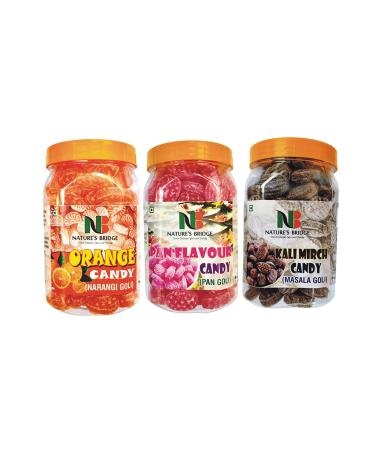 Nature's Bridge Sweet Hard Candy (Orange Mix Kalimirch Masala Flavour) Combo Jar Pack of 3 Each 300 Gm/Orange Candy/Mix Candy/Kalimrich Masala Candy - 900 Gm_Packing May Vary