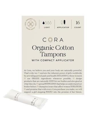 Cora Organic Applicator Tampons | Light Absorbency | 100% Cotton Core, Unscented, BPA-Free Compact Applicator | Leak Protection, Easy Insertion, Non-Toxic | Packaging May Vary (16 Count)