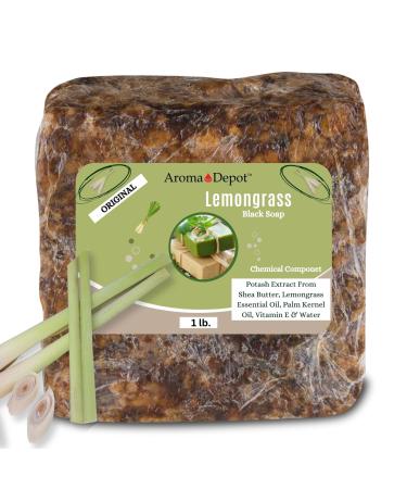 Aroma Depot African Black Soap 1 lb. Scented Lemongrass Bar Handmade with Shea Butter Essential Oil. 100% Natural Infused Soap For Face and as a Body Wash.