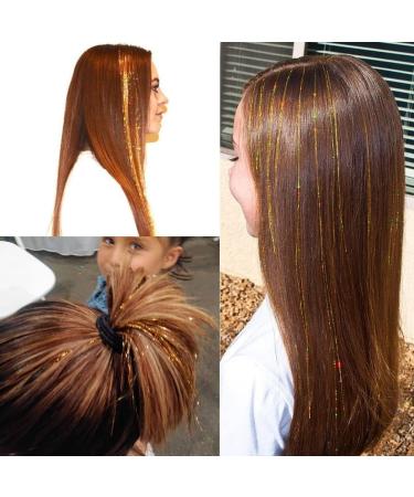 Gold Hair Tinsel Extensions - 250 Strands for Girls and Women | Holographic Sparkle Glitter | Synthetic Straight Hair Decoration - Buy Online on GoSupps.com