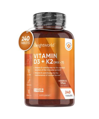 Vitamin D3 K2 MK7-8 Months Supply (240 VIT D3 & K2 Tablets) - Vegetarian Vitamin D 4000IU & 125ug K2- High Strength Vitamin D Supplement for Women & Men - D3 and K2 Vitamin for Bone & Immune System