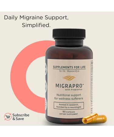 Dr. Munnerlyn MigraPro with Probiotics Brain and Gut Health Support Supplement with Magnesium Riboflavin CoQ10 Ginger Root Asian Ginseng Vitamin C Feverfew & Turmeric Gluten Free 90 Capsules - Buy Online on GoSupps.com