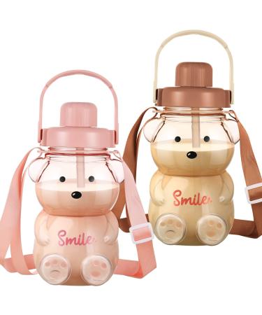 2 Pcs Cute Water Bottles Leak Proof Kawaii Bear Straw Bottle Large Capacity Bear Cup with Adjustable Removable Shoulder Strap Kawaii Stickers for Kids School Office Outdoor Activities Brown  Pink