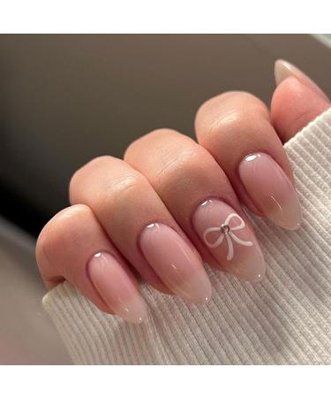 24Pcs Short False Nails - Pink French False Nails Press on Nails - Full Cover False Nails White Almond Stick on Nails - French Fake Nails Stick on Nails for Women and Girls Nail Art Simple White Bow - Buy Online on GoSupps.com