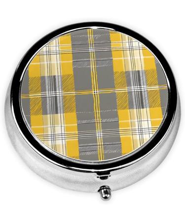 Yellow Gray Black Plaid Mini Round Pill Box | 3 Compartment Travel Pill Organizer | Portable Medicine Case for Home & Office - Buy Online on GoSupps.com