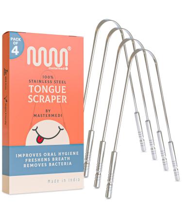 MasterMedi Tongue Scraper for Adults (4 Pc), Bad Breath Treatment Travel Essentials for Oral Care, Medical Grade 100% Stainless Steel Tounge. Scraper Metal, Easy to Use Tongue Cleaner for Hygiene 4 Count (Pack of 1)