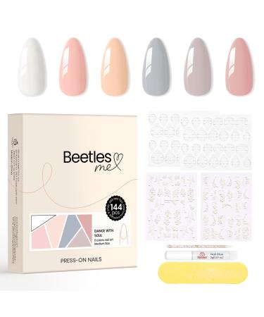 Beetles Press on Nails Medium Almond Glossy 6 Solid Colors Fake Nails 144Pcs White Pink Nude Grey False Nails with 5D Nail Sticker Strong Nail Glue Nail Adhesive Tabs and Mini File DIY for Women Girls