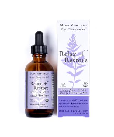 Maine Medicinals Relax + Restore Alcohol-Free Herbal Stress Support- with Nervines and Adaptogens for Healthy Calm* Certified Organic - 2 floz (60 Servings)