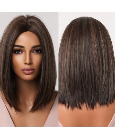 Allbell Brown Bob Wigs for Women Blonde Highlights Short Straight Synthetic Hair Middle Part Wig