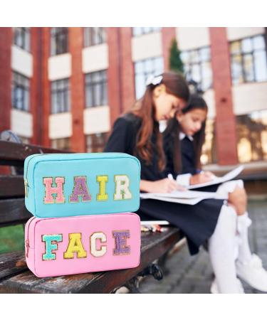 Nylon Waterproof Preppy Makeup Bag - Girls Chenille Letter Travel Organizer Pouch for Toiletries & Cosmetics, Pink-Face - Buy Online on GoSupps.com