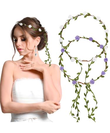 Blessing 2Pcs flower wreath hair flower crown women girl boho flowers hair band bride roses hair ripe headband with leaves wedding party communion birthday headdress white purple white with purple