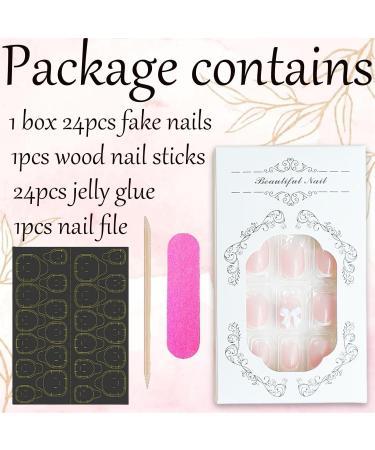 24PCS French Tip Press On Nails - Short Square Fake Nails with Bow Design | Glossy Reusable Full Cover False Nails for Women | Acrylic Glue-On Nail Art - Buy Online on GoSupps.com