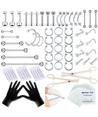 Tustrion 80PCS Nose Piercing Kit for All Body Piercings Stainless Steel Piercing Jewelry with 12G 14G 16G Piercing Needles for Ear Cartilage Tragus Nose Septum Lip Eyebrow