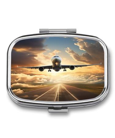 Pill Box Airplane Print 2 Compartment Medicine Pill Case Pill Organizer Decorative Metal Portable Pill Box for Pocket Or Purse Style