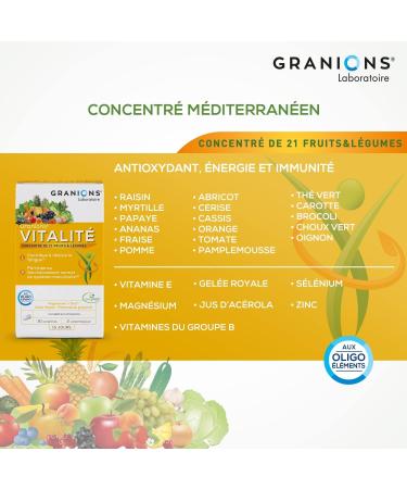 GRANIONS Vitality - 30 Tablets 15 Days - Oxxynea Patented Complex - Royal Jelly Acerola Vitamins of Group B Vitamin E Vitamin D3 Trace Elements - Passenger Fatigue - French Brand - Buy Online on GoSupps.com