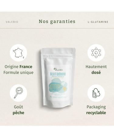 L Glutamine | 3000mg/dose | Muscle Recovery and Gut Health | Anti-inflammatory (Turmeric & Zinc) | Peach Taste Vegan and Made in France | 100g Powder | Valebio - Buy Online on GoSupps.com