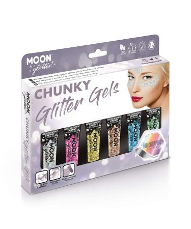 Holographic face & body chunky glitter gel from moon glitter - 12ml - glittering face color - gift set with 6 gels - silver pink gold rose gold blue and green
