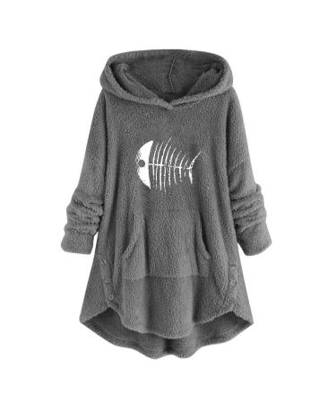 Bigfanshu Women's Sweaters Cartoon Embroidery Plus Size Warm Hooded Top Button Sweater Blouse Shirts Gray