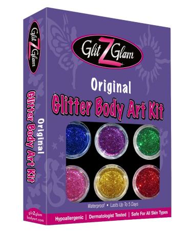 Original Glitter Tattoo Kit and Temporary Tattoos - HYPOALLERGENIC and DERMATOLOGIST TESTED!- by GlitZGlam with 6 LARGE Glitters Pots  Large Body Adhesive  Large Stencils & 2 Cosmetic Brushes