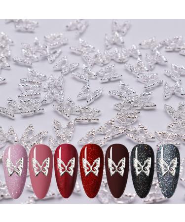 LIFOOST 100pcs Butterfly Nail Charms Gold Silver Nail Art Studs 3D Nail Jewelrys for Acrylic Nails Designs (SILVER)