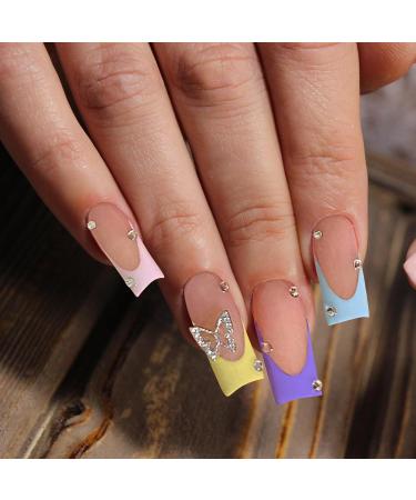 Kotkiddy 24pcs Long Press-On Nails - Black French Tips with Butterfly Rhinestones - Full Cover Coffin Nail Art - Glossy Stick-On Fake Nails (Multicolored) - International Shipping Available - Buy Online on GoSupps.com