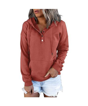 Women's Solid Color Hoodies Tops Long Sleeve Casual Drawstring Button Down Pullover Hooded Sweatshirt with Pocket X-Large A2orange