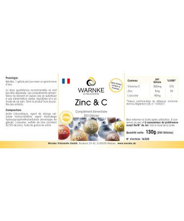Zinc and vitamin C 300 mg - vitamin C - 5 mg zinc - 250 capsules - Vegetarian | Warnke Vitalstoffe - Quality from German pharmacies - Buy Online on GoSupps.com