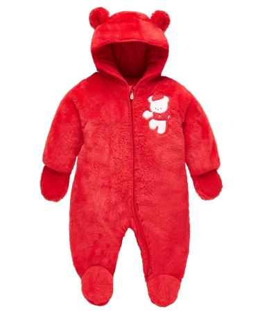JiAmy Newborn Baby Hooded Romper Fleece Snowsuit Jumpsuit Long Sleeve Fall Winter Outfits Red 0-3 Months