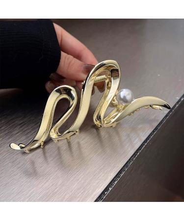 Gold Metallic Ribbon Pearl Hair Claw | Large Size, Strong Hold, Stylish Accessory for Women | 1Pc | Ideal for Thick & Thin Hair - Buy Online on GoSupps.com