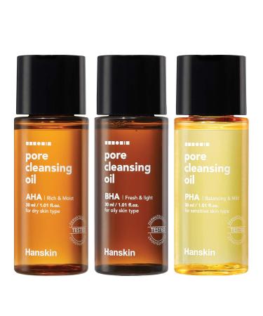 Hanskin PHA/BHA/AHA Pore Cleansing Oil Sample Trial Size Travel Size Mini Makeup Remover Set Gentle Blackhead Cleanser for Sensitive Combination Oily and Dry Skin 30 ml/Pack of 3