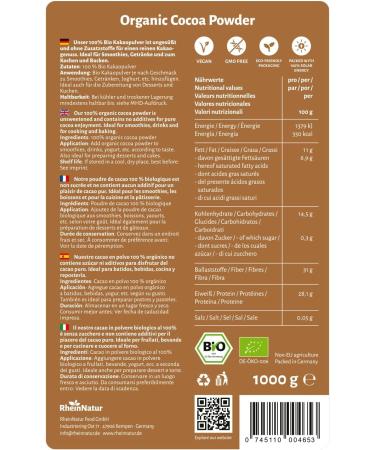 RheinNatur Organic Cocoa Powder 1kg - 100% Pure Organic Grade Cocoa Unsweetened & No Additives - Ideal for Baking Hot Choco - Buy Online on GoSupps.com