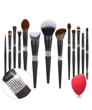 LORYP Glitter Crystal Makeup Brushes Sets -13pcs Cosmetic Brushes Set-Bling Rhinestone Matte Black Makeup Brushes Set for Lady(Crystal-Matte Black)