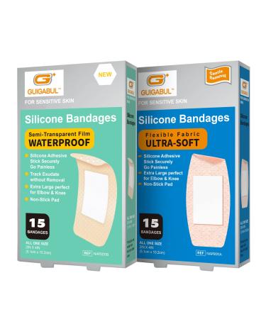 Silicone Adhesive Bandages for Elderly Sensitive Skin - Painless Removal 2''x4'' Extra Large 30 Counts Waterproof Bandaids and Flexible Fabric Band aids by G+ GUIGABUL - Hypoallergenic - Latex Free