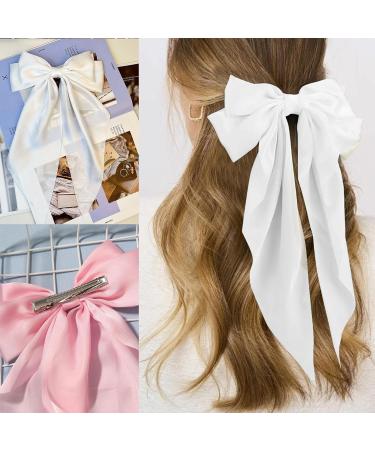 Kinretixia 2 Pieces Hair Bow Clips for Women Large Satin Hair Bows Long Tail Alligator Clips Big Hair Bow Girls Hair Pink/White - Buy Online on GoSupps.com