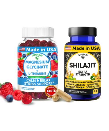 Lunakai USA Made Magnesium Glycinate Gummies & Shilajit Capsules Bundle Stress Support & Energy Wellness