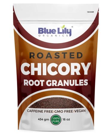 Blue Lily Organics Chicory Root Roasted Granules 16 oz (1 Pound), Chicory Coffee Caffeine Free Coffee & Tea Substitute, Inulin & Prebiotic Source