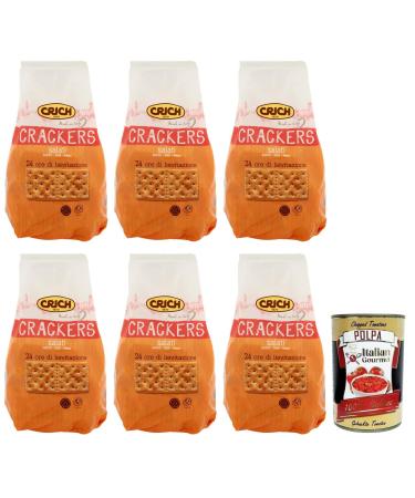 Italian Gourmet E.R. Set of 6 Crich Crackers Salads Savoury Snackers Rich in Fibre Crackers with Salt Grain and Sourdough 750 g + Polpa di Pomodoro Italian Gourmet Polpa di Pomodoro 400 g Box