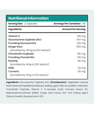 VitaBright Glucosamine and Chondroitin High Strength | 180 Capsules | 2127mg Vitamin C MSM Chondroitin & Glucosamine Sulphate Combination Supplements | Joint Care Supplements for Women & Men - Buy Online on GoSupps.com