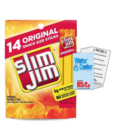 Slim Jim Snack Sized Original Spicy Sausage Snacks (14 total sticks 8g per) with Water Cooler Trivia Game by BIG MAPLE . Great for Snacking at Home School Office Friends Family