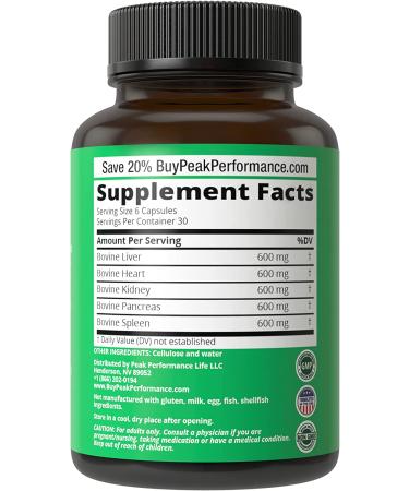 Peak Performance Grass Fed Beef Organ Complex - 180 Capsules - Rich in Antioxidants, Vitamin B12, Desiccated Liver, Heart, Kidney, Pancreas, Spleen - Buy Online on GoSupps.com