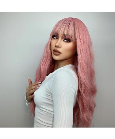 Pretfy 26 Long Pink Curly Wig with Air Bangs - Heat Resistant Synthetic Wig for Women - Ideal for Cosplay, Parties, Halloween - Pink-1 - Buy Online on GoSupps.com