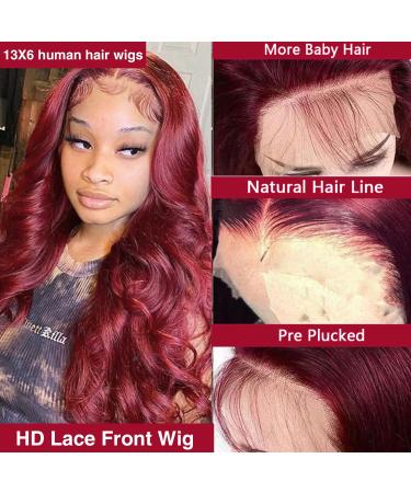 Sdamey 99j Burgundy Lace Front Human Hair Wig 26 Inch Body Wave HD Transparent Pre Plucked 180% Density Brazilian Virgin Red Wig for Black Women - Buy Online on GoSupps.com